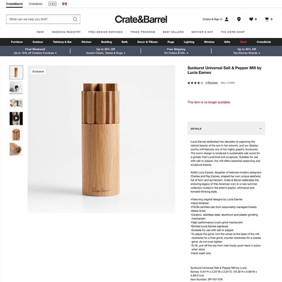 New Crate & Barrel x Lucia Eames Sunburst Salt & Pepper Mill - Picture 6 of 7